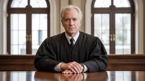 A North Carolina judge sits at the bench in a courtroom, symbolizing how courts decide mutual domestic violence restraining orders under Chapter 50B