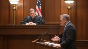 Representation image of an assistant district attorney arguing a bond motion before a judge in a Raleigh courtroom, illustrating how bond hearings are handled after a holiday arrest in North Carolina.